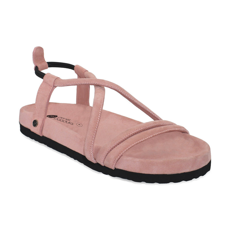 Pink sandal with black sole on a white background