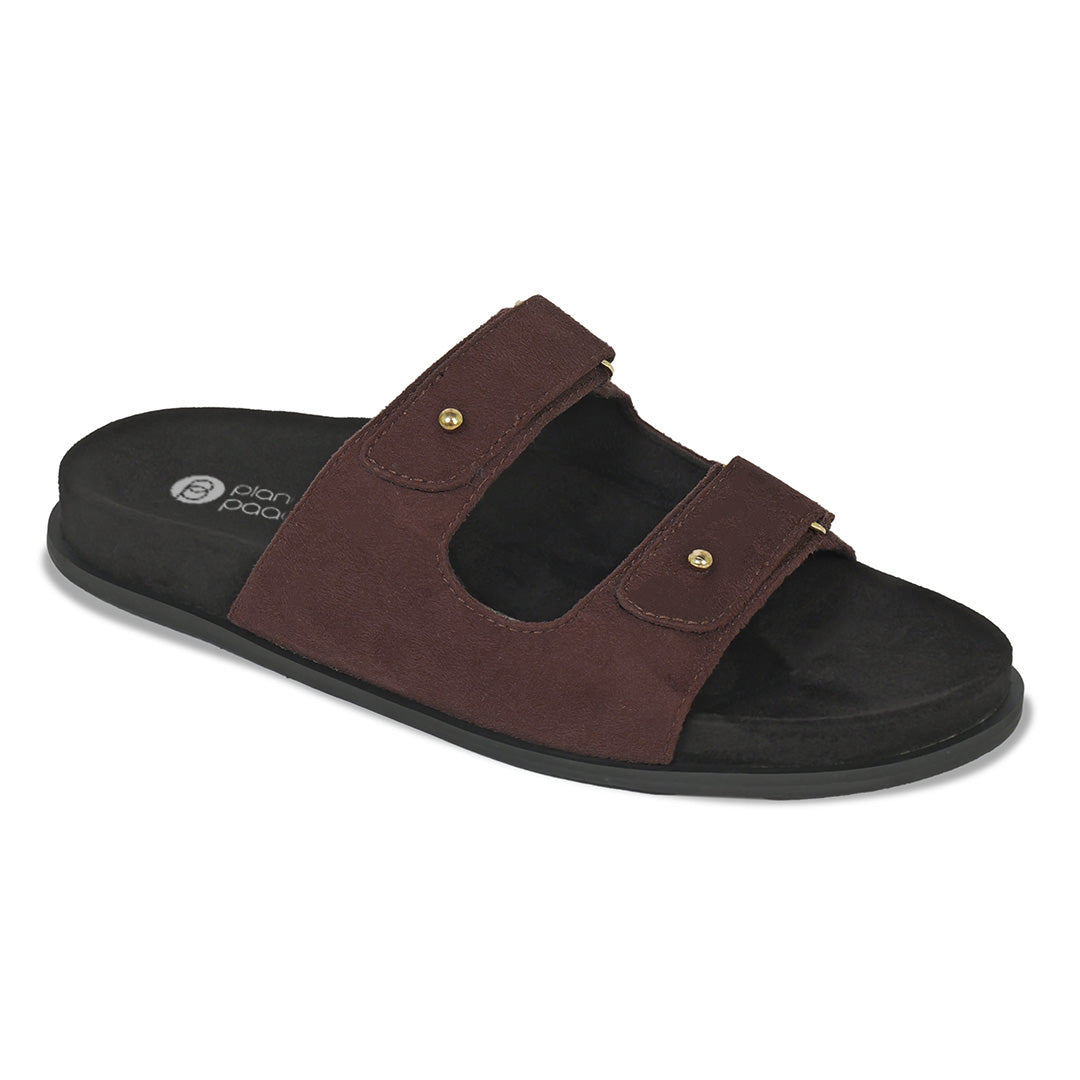 Zen Luxe Dual-Strap Vegan Suede Dark Brown Women Slides - Paaduks