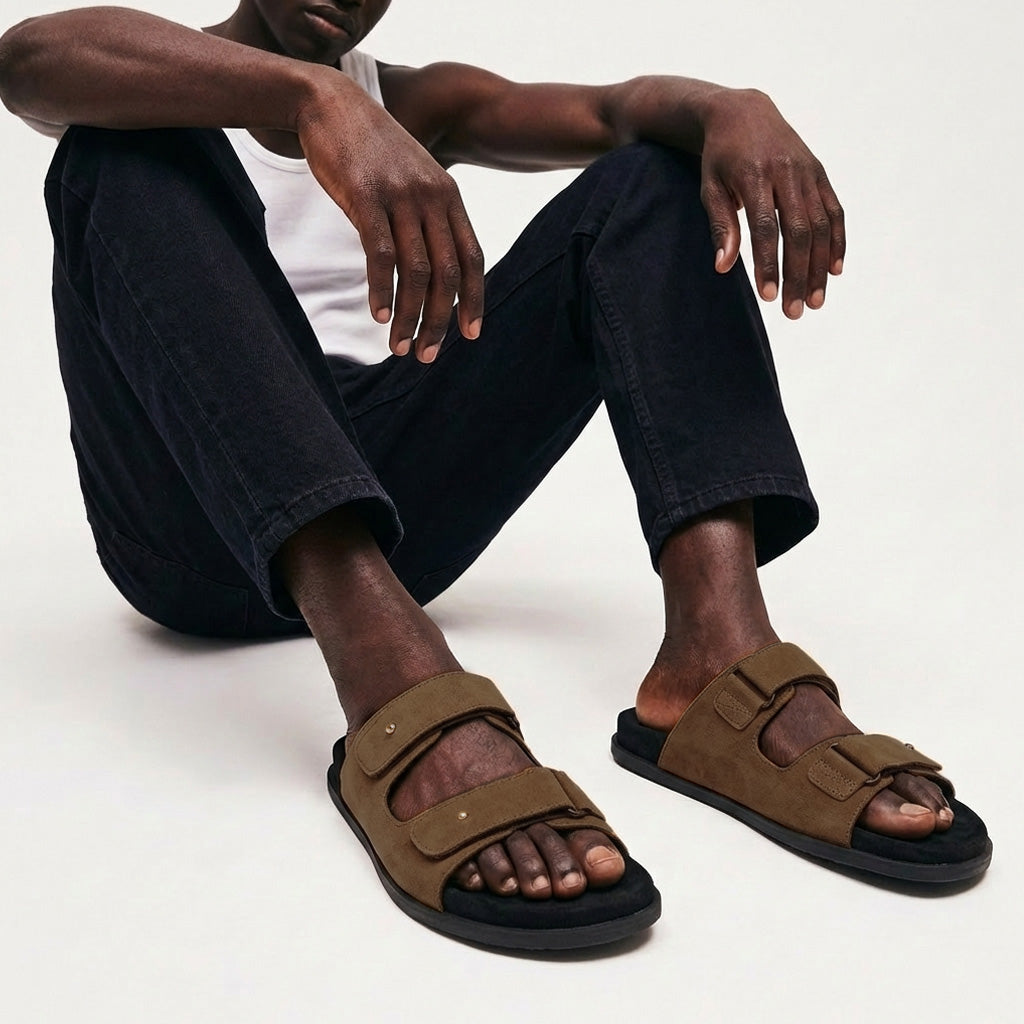 Zen Luxe Dual-Strap Vegan Suede Tan Men Slides - Image 2 - Paaduks