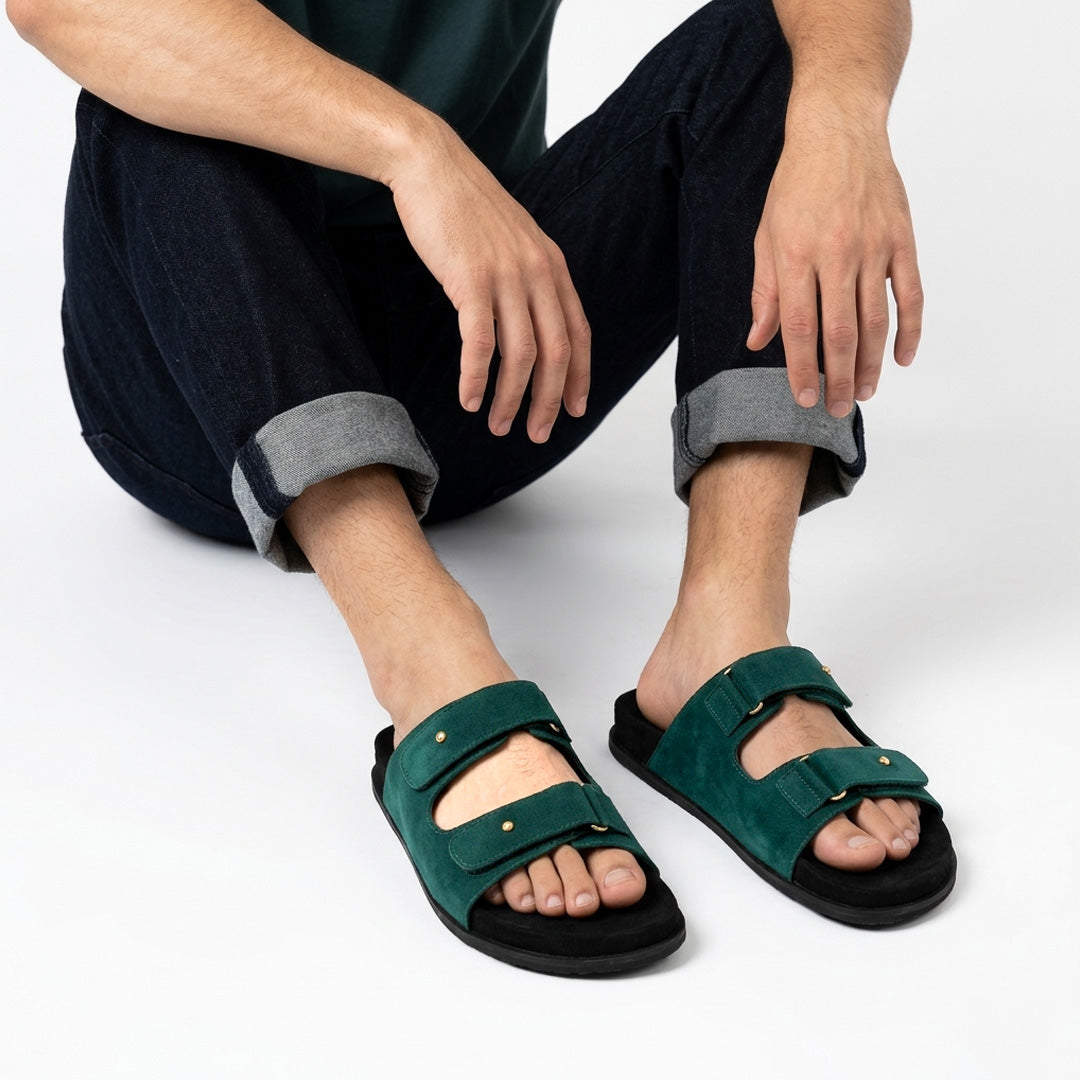 Zen Luxe Dual-Strap Vegan Suede Green Men Slides