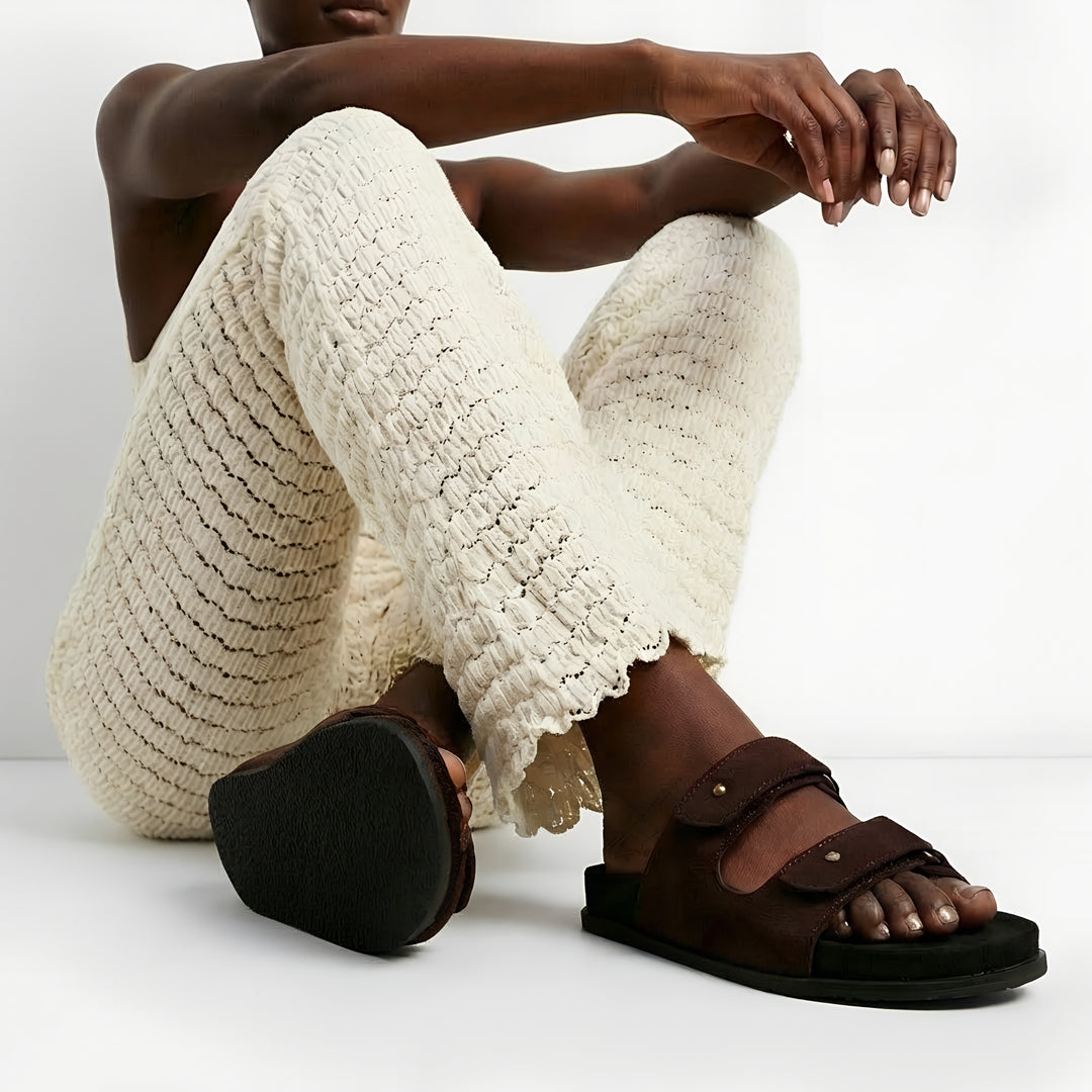 Zen Luxe Dual-Strap Vegan Suede Dark Brown Women Slides - Image 2 - Paaduks