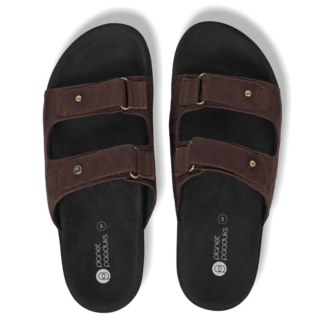 Zen Luxe Dual-Strap Vegan Suede Dark Brown Women Slides - Image 7 - Paaduks