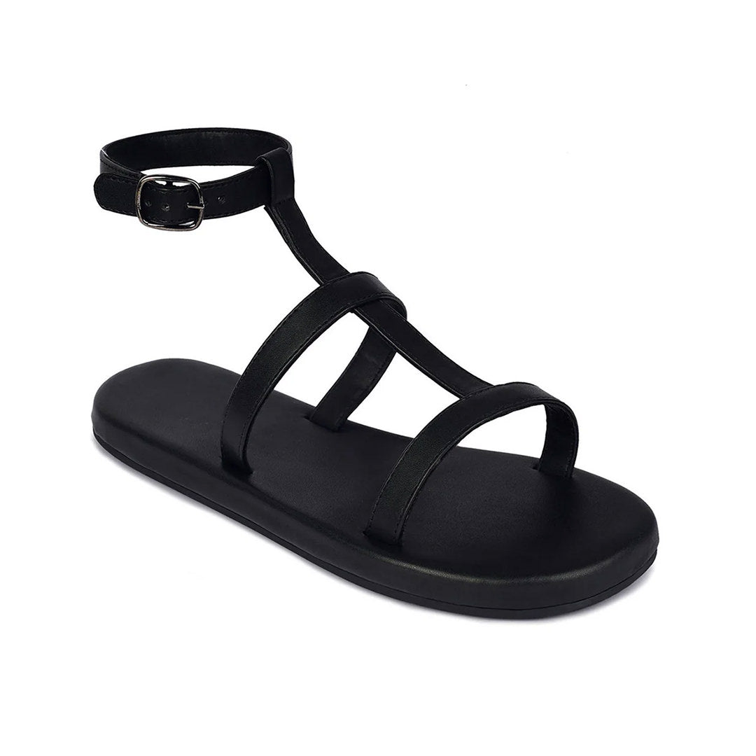Saba T-Strap Vegan Leather Black Sandals Women
