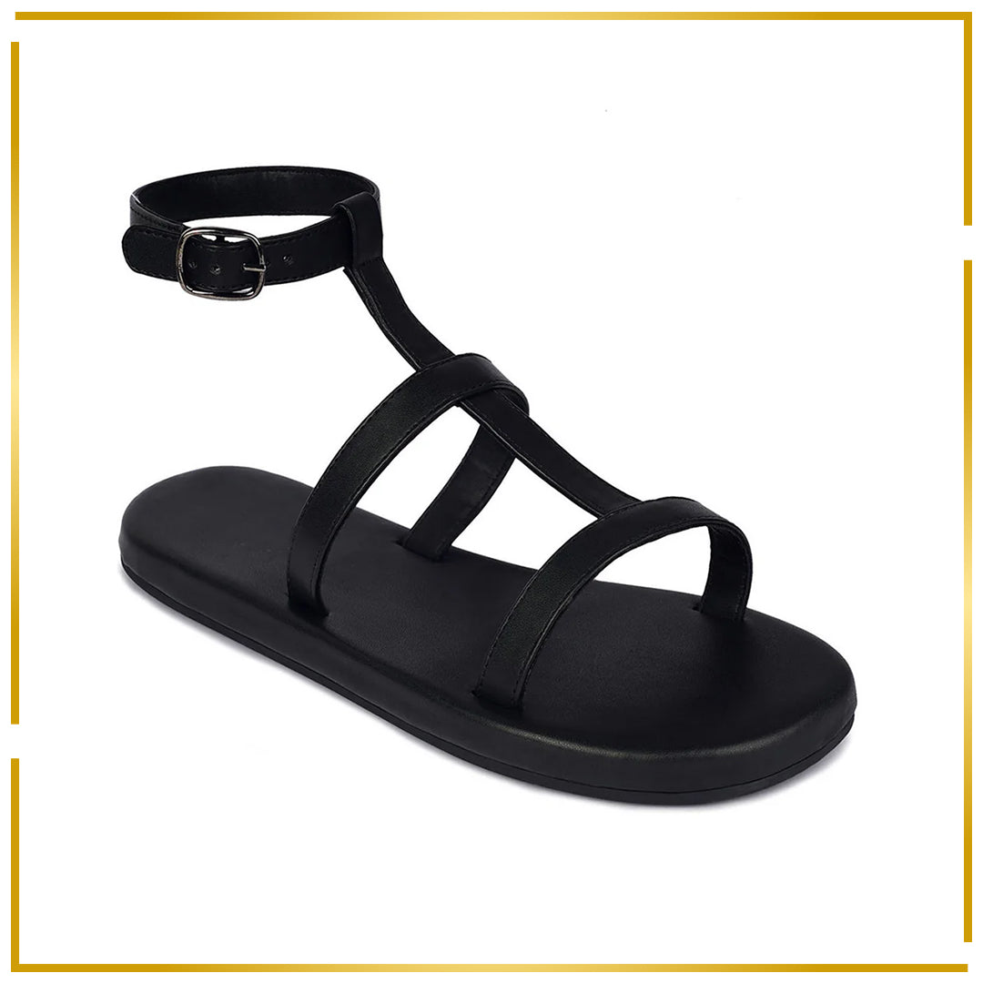Saba T-Strap Vegan Leather Black Sandals Women